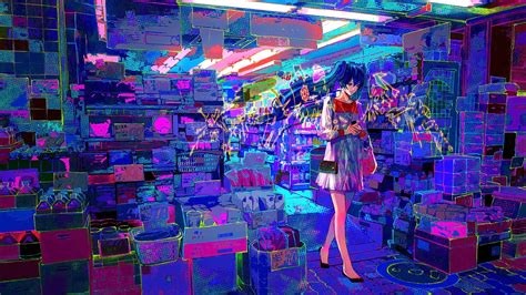 Wallpaper City Looking Away Long Hair Anime Girls