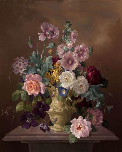 Still Life Of Flowers In Vase Oleography