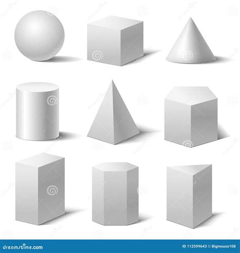 Realistic Set Of Basic 3d Shapes White Cube Cylinder Sphere And Cone