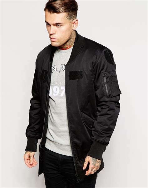Lyst Asos Longline Bomber Jacket With Patches In Black For Men