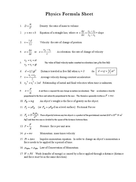 Physics Formula Sheet | Velocity | Force | Free 30-day Trial | Scribd