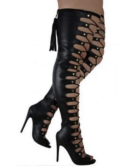 Nightclub Thigh High Cut Outs Boots Fringe Lace Up Peep Toe Strappy