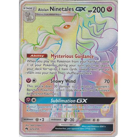 1 biology 1.1 physiology 1.2 behavior 1.3 natural abilities 2 evolution 3 game info 3.1 game locations 3.1.1 side game locations 3.2 pokédex entries 3.3 stats 3.3.1 kantonian. Pokemon Trading Card Game Pokemon Alolan Ninetales GX - 225/214 - Rare Rainbow Card - SM8 Lost ...