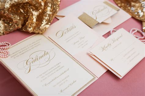 Blush And Gold Glitter Pocket Wedding Invitation — Cz Invitations