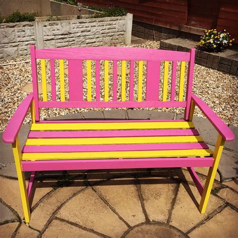 Painted Garden Bench In Pink And Yellow Perfect For Summer Garden