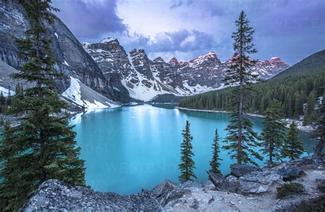 Scenery Of Moraine Lake In Banff National Park Alberta Canada Stock Photo