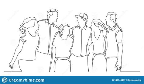Group Of Happy Friends Standing Together And Laughing - One Line Drawing Stock Illustration ...