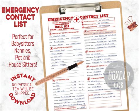 Emergency Contact List Instant Digital Download Pdf And  Etsy