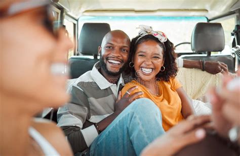couple travel and happy on vacation road trip with friends excited laughing and bonding