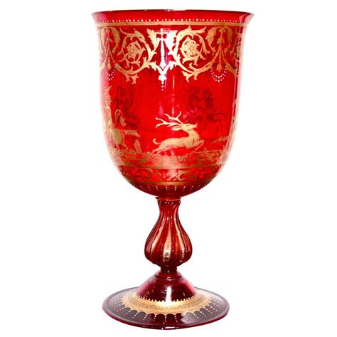 Murano Red Glass Oversized Goblet With Gold Leaf Decorative Scene At 1stdibs