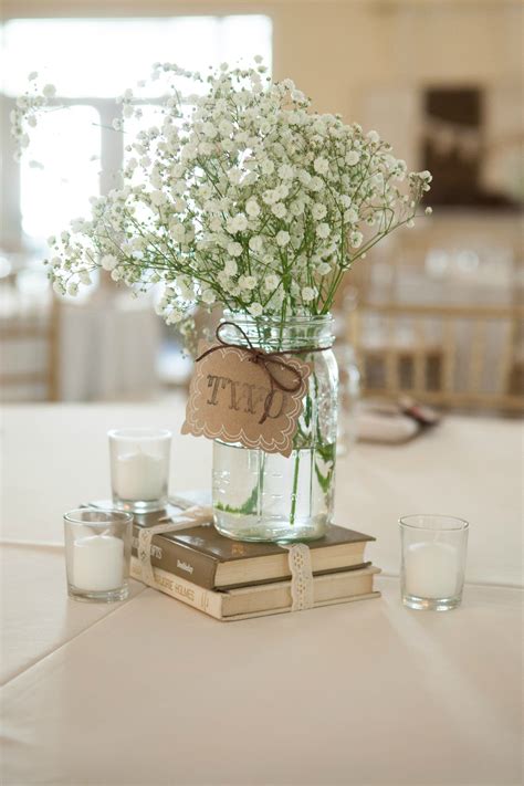 Rustic Wedding Centerpiece With White Gypsophila And Tea Lights