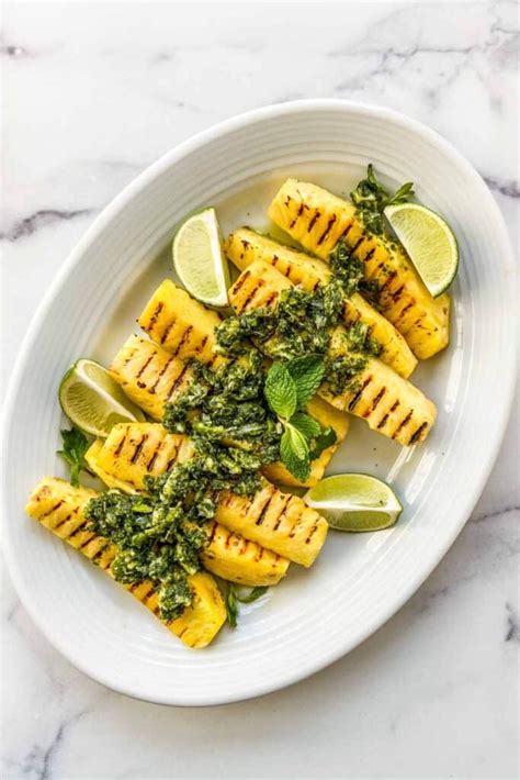 Brazillian grilled pineapple is made by coating pineapple spears in brown sugar and cinnamon, and then grilling it. Grilled Pineapple with Lime Mint Sauce - this healthy table