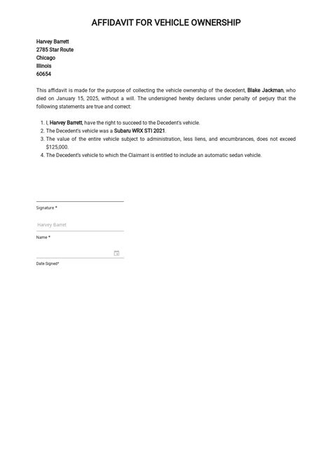 Free Affidavit For Vehicle Ownership Template Google Docs Word