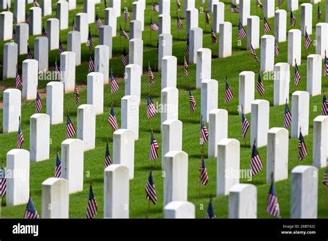 Veterans Cemetery Memorial Celebration With American Flag Stock Photo