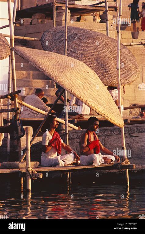 Brahmin Priests Meditating On The Ghats On The Banks Of Ganga Banaras