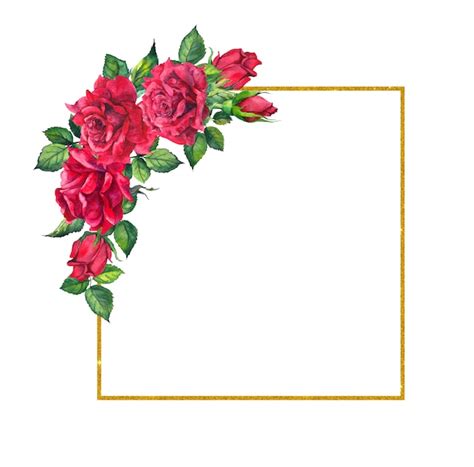 Rosas Rojas Marco Cuadrado Dorado Tarjeta Acuarela Con Flores Y