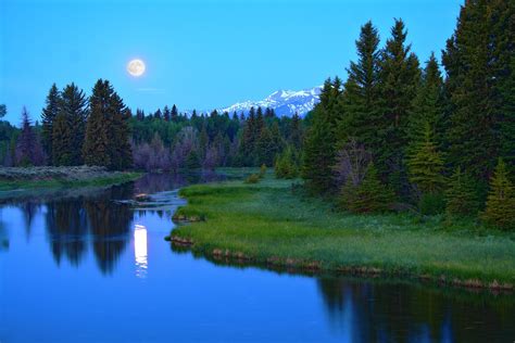 River Forest Trees Moon Mountains Landscape Wallpaper 3454x2303