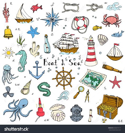hand drawn doodle boat and sea set vector illustration boat icons sea life concept elements ship