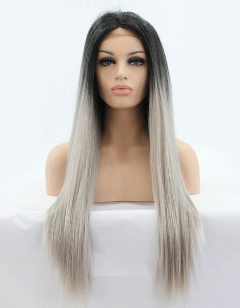 Silk Straight Ombre Silver Grey Synthetic Lace Front Wig Glueless Two