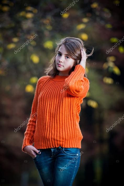 Portrait Of Pretty Teen Girl In Autumn Park Smiling Happy Girl