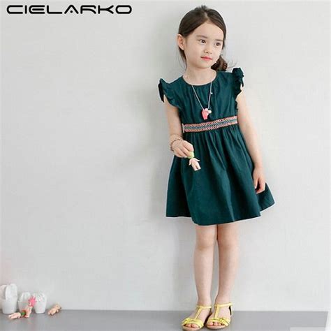 Cielarko Cotton Summer Dresses For Girl Dark Green Vintage Children