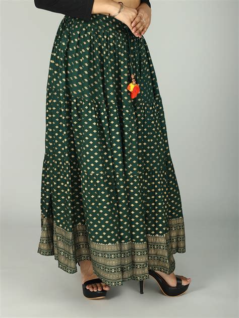 All Over Golden Motif Print Ethnic Skirt From Gujarat With Dori