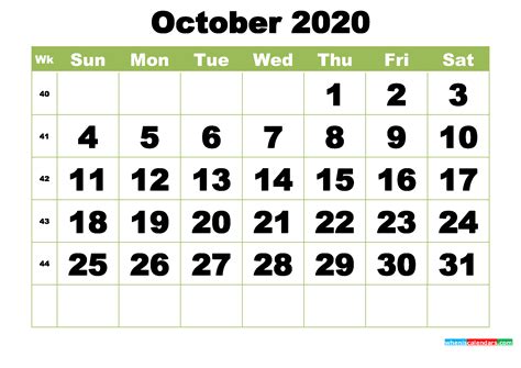 Free Printable Monthly Calendar October 2020