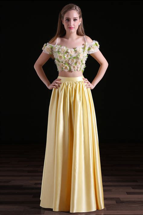 Fairy Off The Shoulder Yellow Satin Two Piece Prom Dress With Flowers