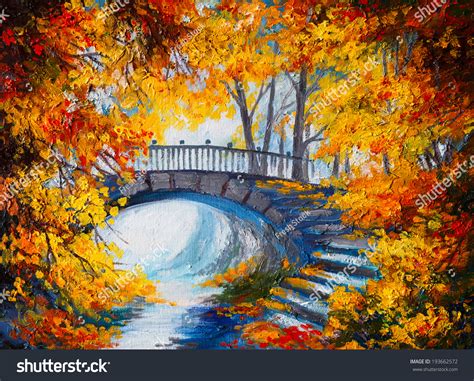 Oil Painting Autumn Forest Road Bridge Stock Illustration 193662572