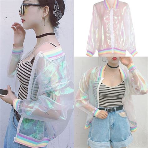 Iridescent Transparent Women Jacket Holographic Coat Laser Rainbow
