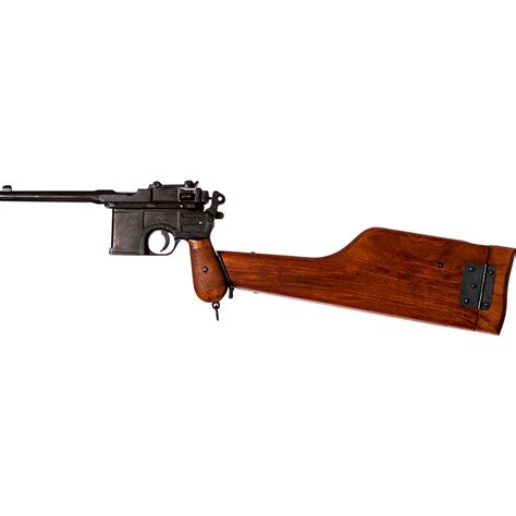 Denix Wwii 1896 Mauser Broomhandle Replica Pistol Laquered Wood Grips