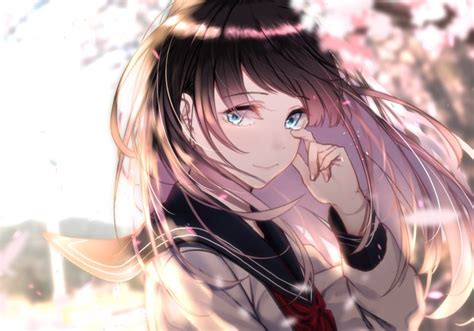 Wallpaper School Uniform Sakura Blossom Brown Hair Anime Girl