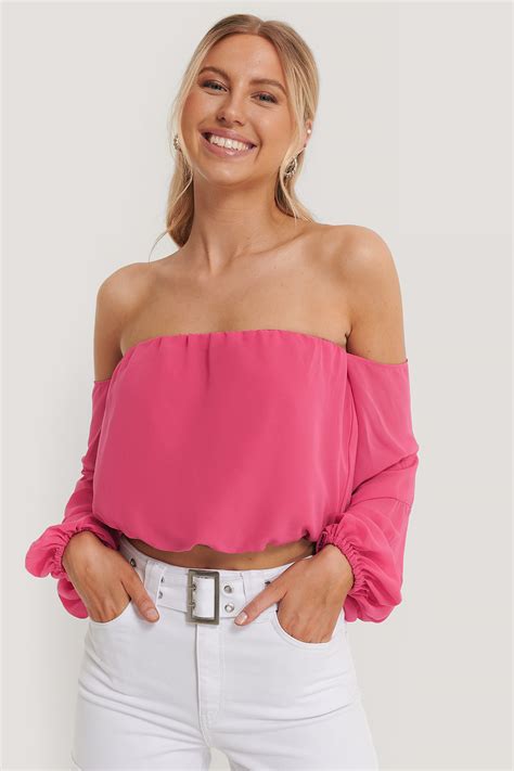 Recycled Off Shoulder Balloon Sleeve Top Pink Na