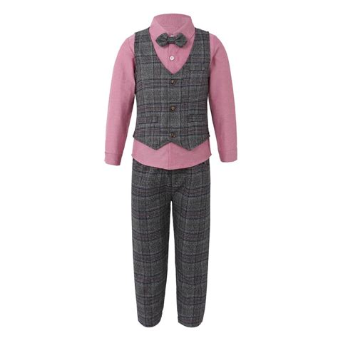 Boys 4pcs Formal Suits Bow Tie Long Sleeve Shirts Plaid Vest With