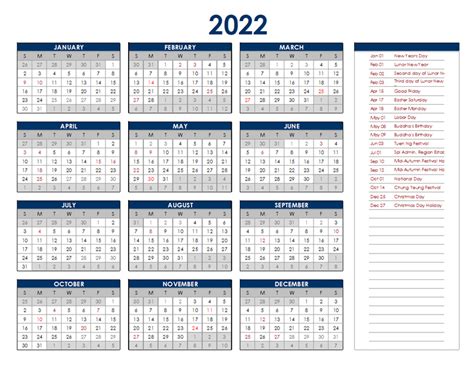 2022 Hong Kong Annual Calendar With Holidays Free Printable Templates