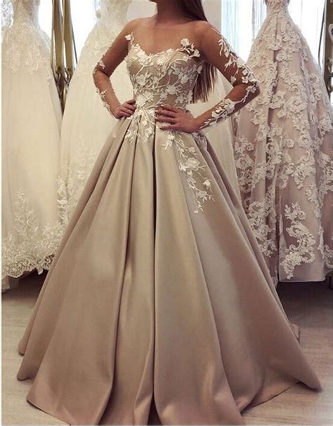 Champagne Wedding Dresses With Appliques Bridal Dress With Long Sleeves