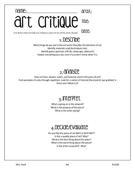 Art Critique Worksheet Art Critique Art Critique Lesson Art Rubric