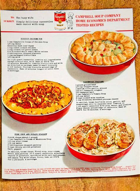 1 can (10 1/2 ounces) campbell's® condensed cream of chicken soup or cream of mushroom soup 1 cup milk 1964 Ad Campbell's Soup Casserole 60s Recipe Biscuit ...