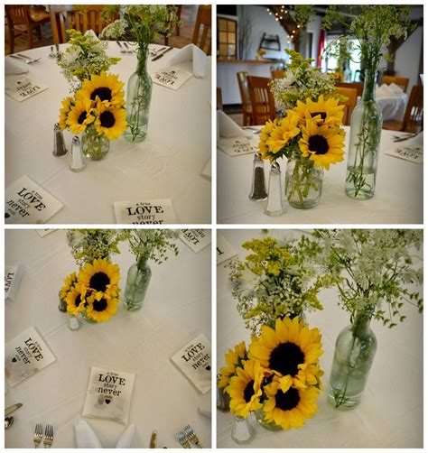 A bouquet of fall flowers is filled with earthy and radiant colors taken from nature's bounty. Sunflowers centerpieces in jars from a dollar store ...