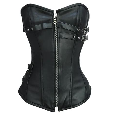 Black Leather Zipper Corsets And Bustiers Gothic Corsage Sexy Espartilhos Corset Corselet