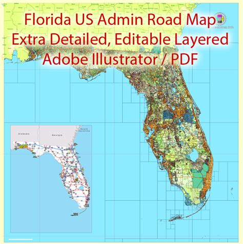 Florida State Vector Map Exact Extra Detailed All Roads Cities And