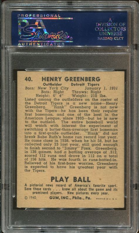 1940 Play Ball 40 Hank Greenberg Psa 5 Hof 22026859 All Star Cards Inc