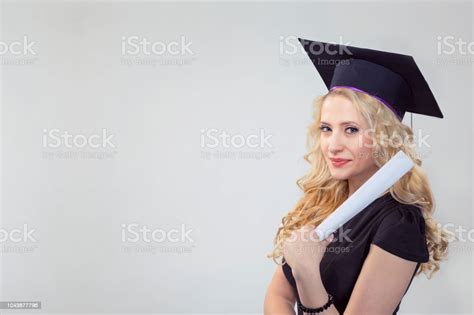 Graduate Student Girl Young Blond Woman In Graduation Cap Holding Her