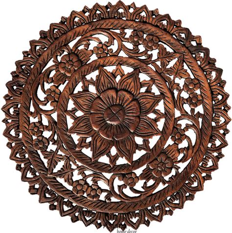 Oriental Tropical Flower Round Carved Wood Wall Decor Rustic Home Dec