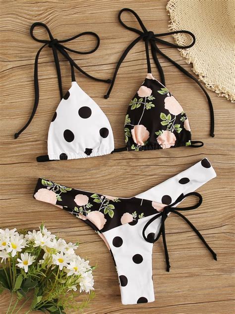 Multicolor Sexy Cute Polyester Floral Polka Dot High Stretch Bikini Sets Size Features Are Bust