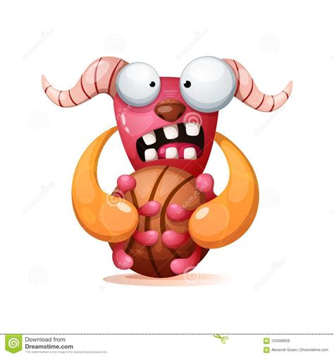 Cute Funny Crazy Monster Illustration Play Basketball Stock Vector