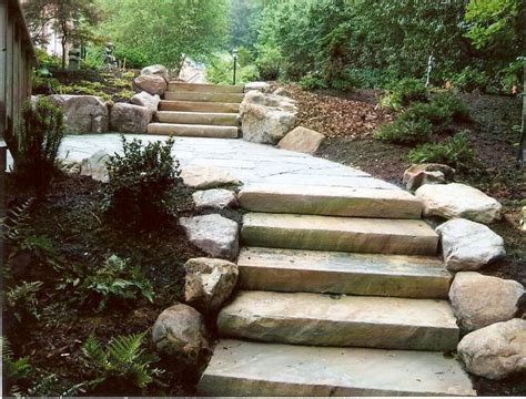 Irregular Bluestone Patio Solid Stone Steps With Boulder Sidewalls