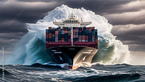 A Leoaded Container Cargo Ship Is Seen In Front Of Big Waves On Sea
