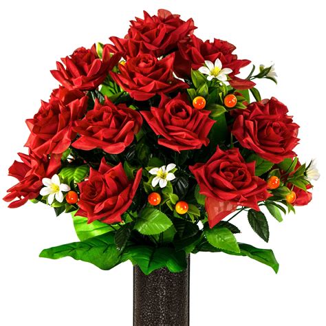 Sympathy Silks Artificial Cemetery Flowers 24 Red Diamond Roses For A