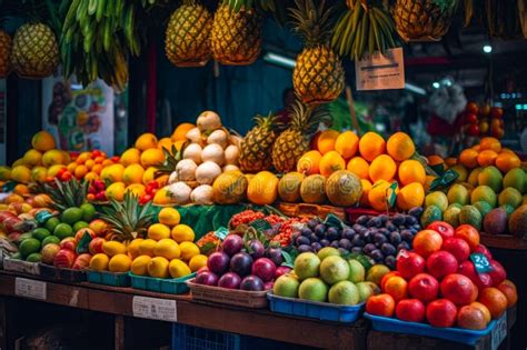 Fruit Stand With Lots Of Different Types Of Fruits And Vegetables On
